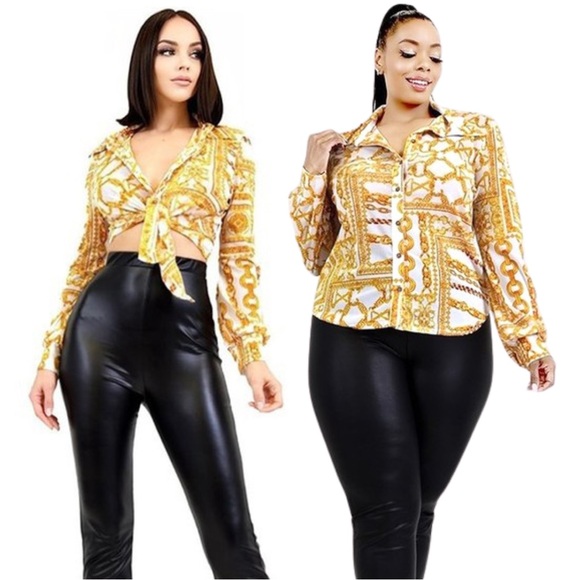 Gold Chain‎ Patterned Print Women's Mesh Button Down Top (S-3X) All Sizes - Picture 1 of 13